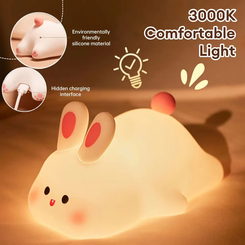 Cute bunny cartoon night light by shopxpress.uk with USB rechargeability, touch dimming, ideal for children's bedside sleep.