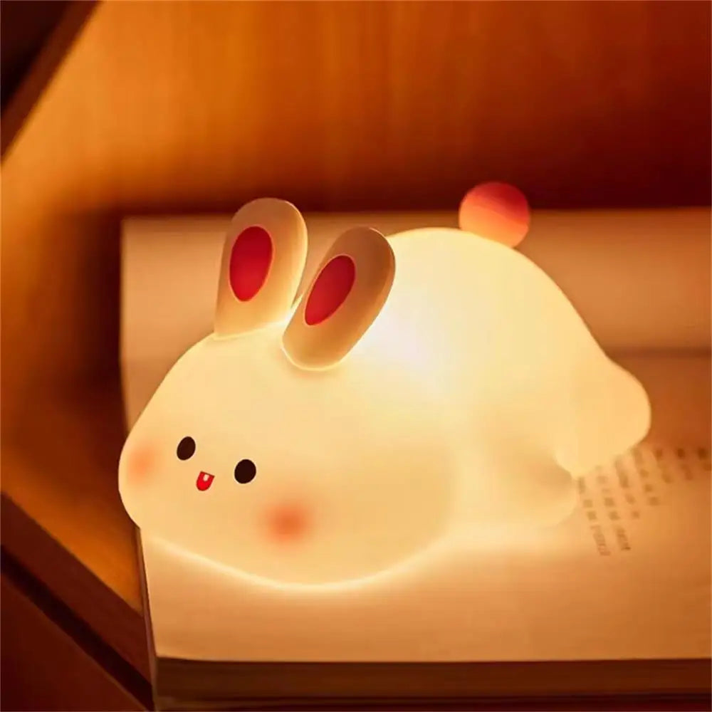 Cute bunny cartoon night light with USB recharge and touch dimming, ideal as a children's bedside sleep gift.