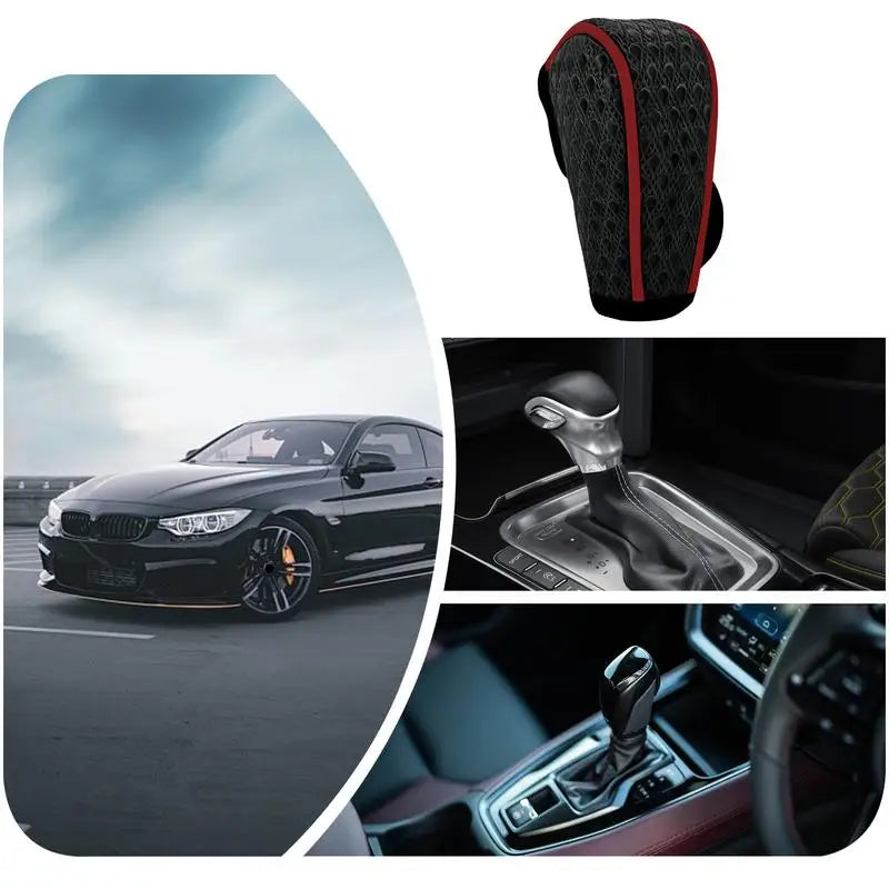 Leather car shift handle cover by Eliteridegear, non-slip and wear-resistant gear sheath for automatic transmission vehicles.