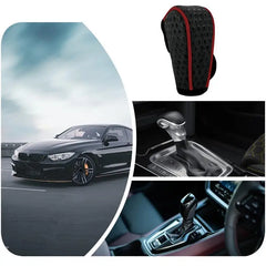 Leather car shift handle cover by Eliteridegear, non-slip and wear-resistant gear sheath for automatic transmission vehicles.