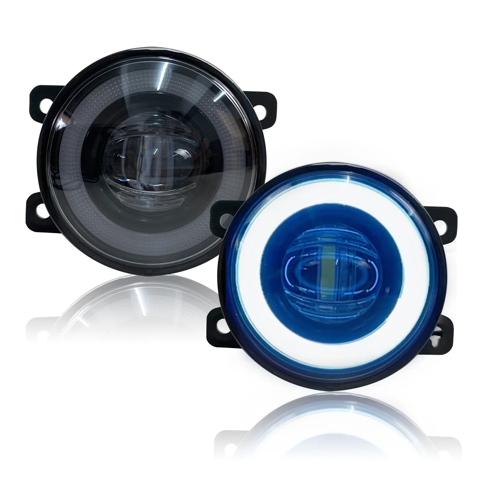 Eliteridegear Angel Eye Fog Lights with LED bulbs, dynamic daytime running lights, designed for car visibility and style.