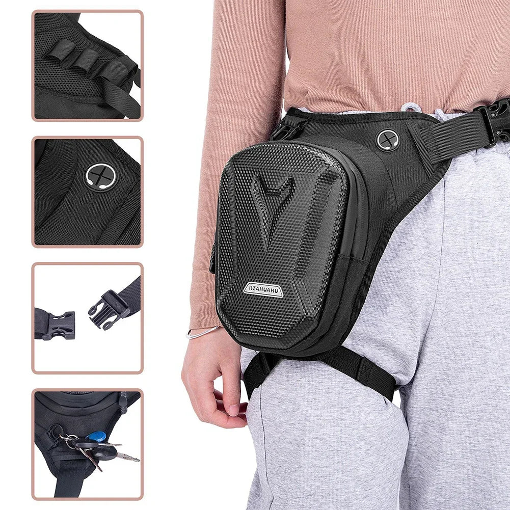 Eliteridegear motorcycle leg bag with EVA hard shell, side pocket, adjustable waist strap, suitable for outdoor biking and casual use.