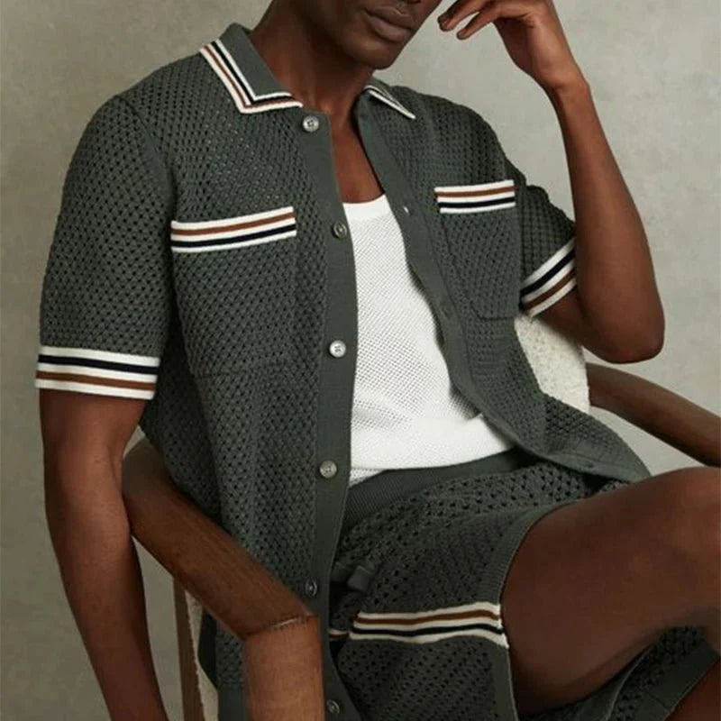 Casual hollow-out knitted men's vintage shirt with pockets, featuring a relaxed fit and stylish design, by Adistore.