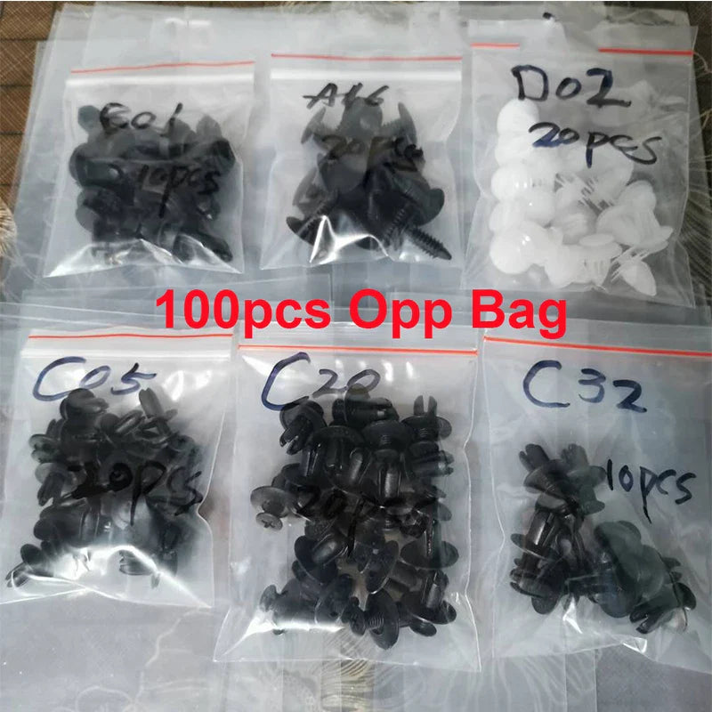 Set of 100 Eliteridegear car plastic clips and fastener screws for body, bumper, panel, and interior decoration auto accessories.