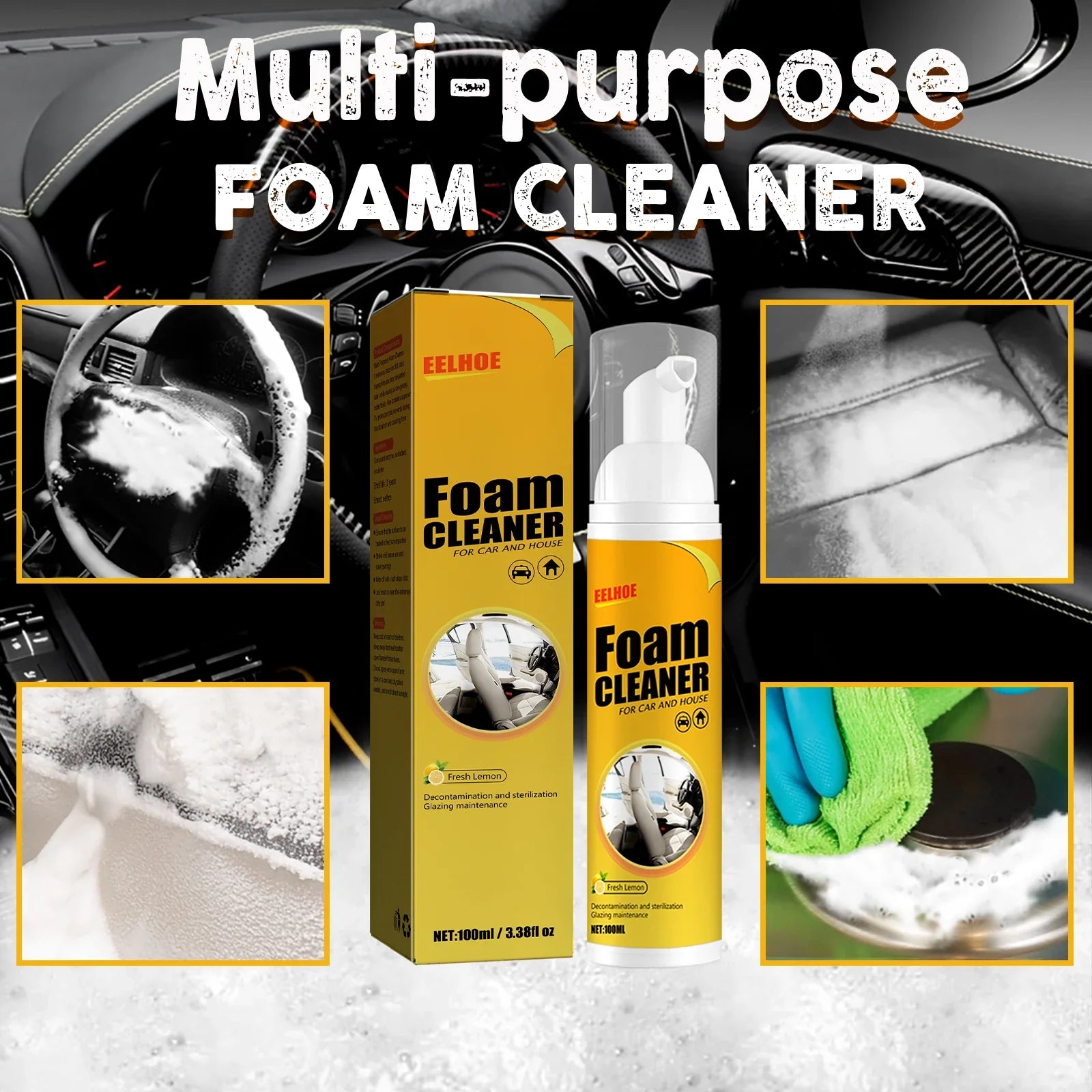 Eliteridegear 100ML multi-purpose foam cleaner for leather and car interior cleaning, showing foam being applied to a vehicle surface.