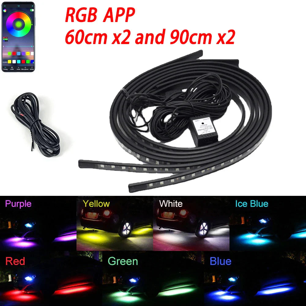 RGB flexible car underglow light strip by Eliteridegear, 12V LED underbody ambient light with app-controlled neon decorative lamps.