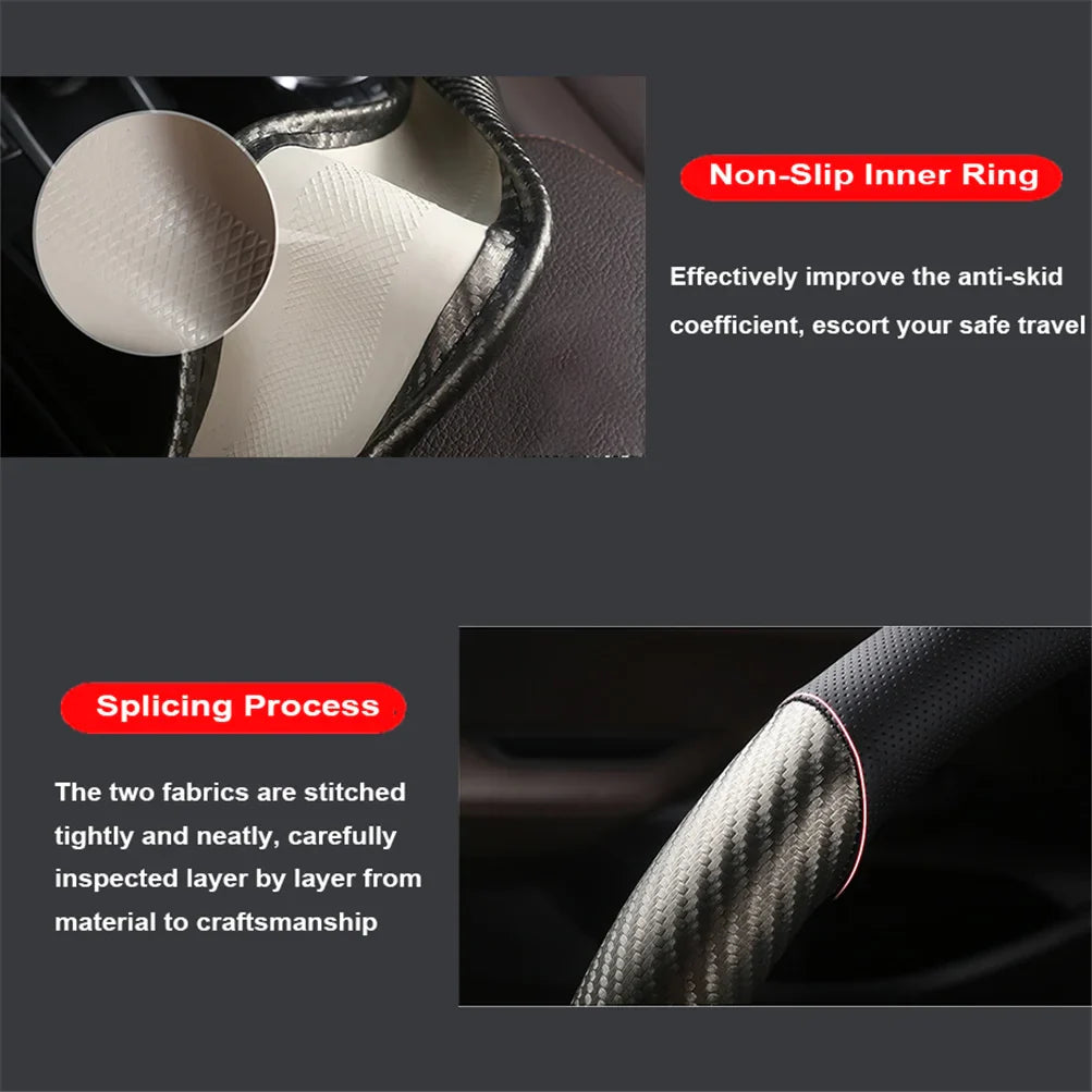 Eliteridegear carbon fiber leather steering wheel cover with breathable, non-slip interior for enhanced grip and style.