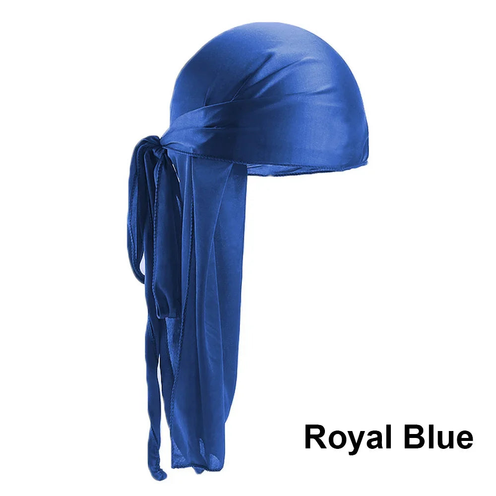 Unisex satin long tail doo rag durag with pirate hat style, worn as hip hop or biker headwrap for men and women, black fabric