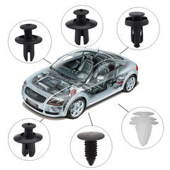 Set of 100 plastic car clips and fasteners including push pins, rivets, and retainers for auto body and interior panel repair.
