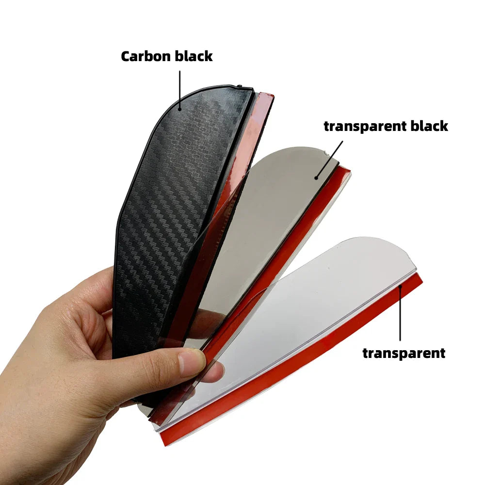 Pair of Eliteridegear car carbon fiber rain brow covers on rearview mirrors with clear visors for improved visibility.