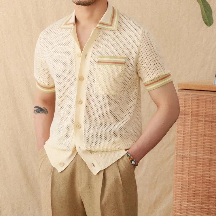 Casual hollow-out knitted men's vintage shirt with pockets, styled for a relaxed look, by Adistore.