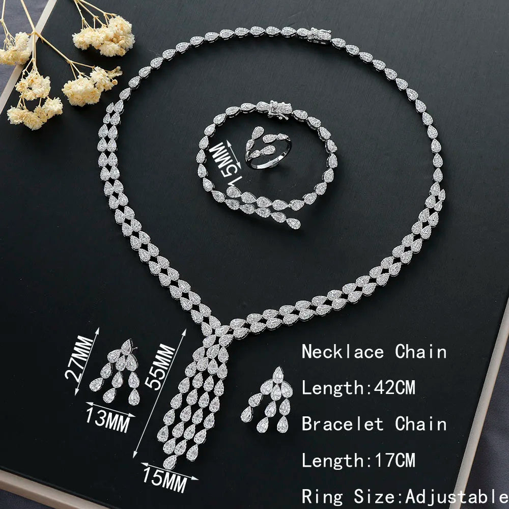 Luxury Water Drop Long Necklace Bracelet Earring Set for Women's Cubic Zirconia Bridal Jewelry S543