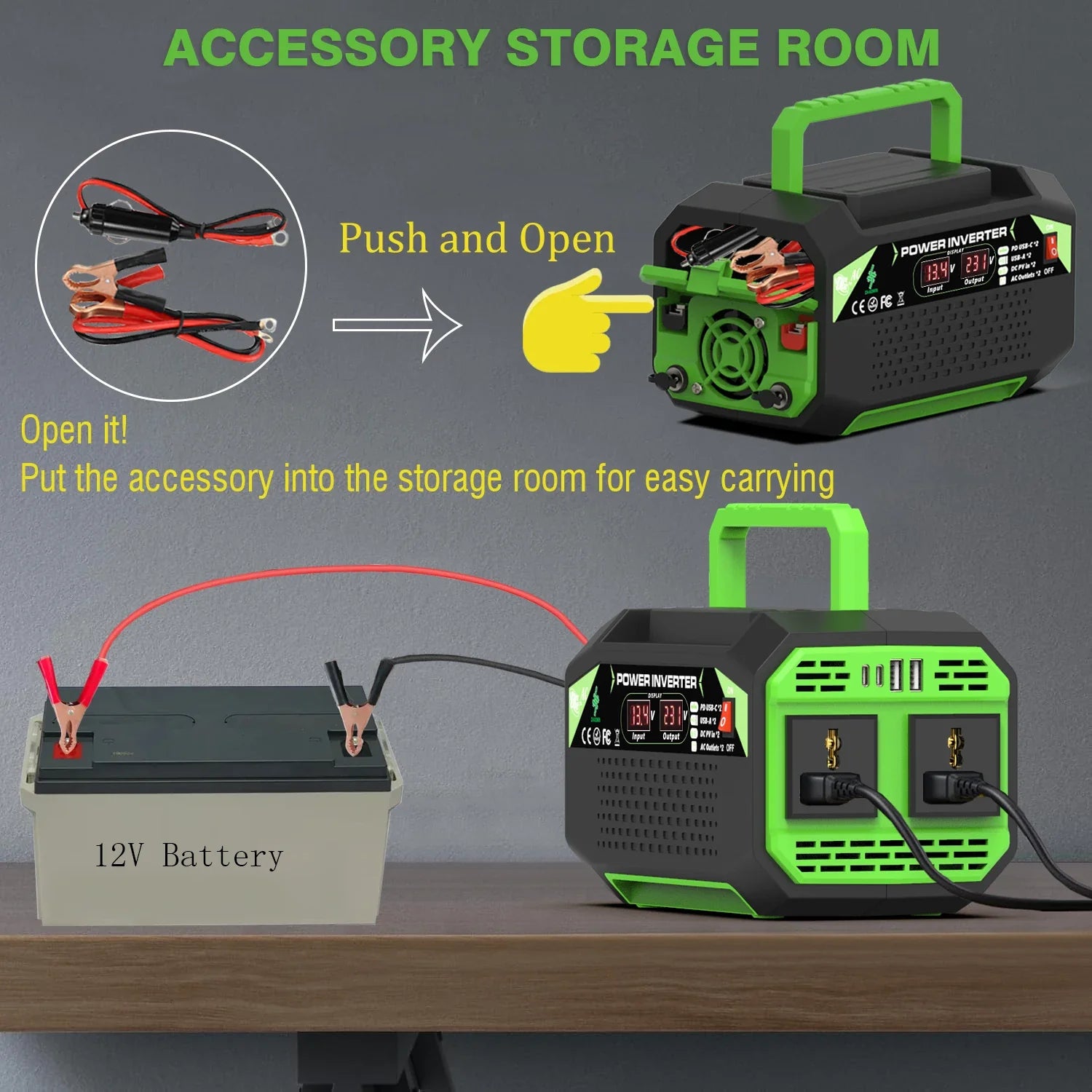 Adistore 500W 12V to AC power inverter with USB and Type-C ports for vehicle or portable power solutions.