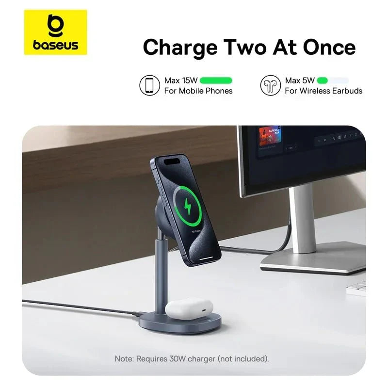 Baseus 2-in-1 magnetic wireless charger stand with 15W Qi2 for iPhone, shown holding a smartphone in a sleek design