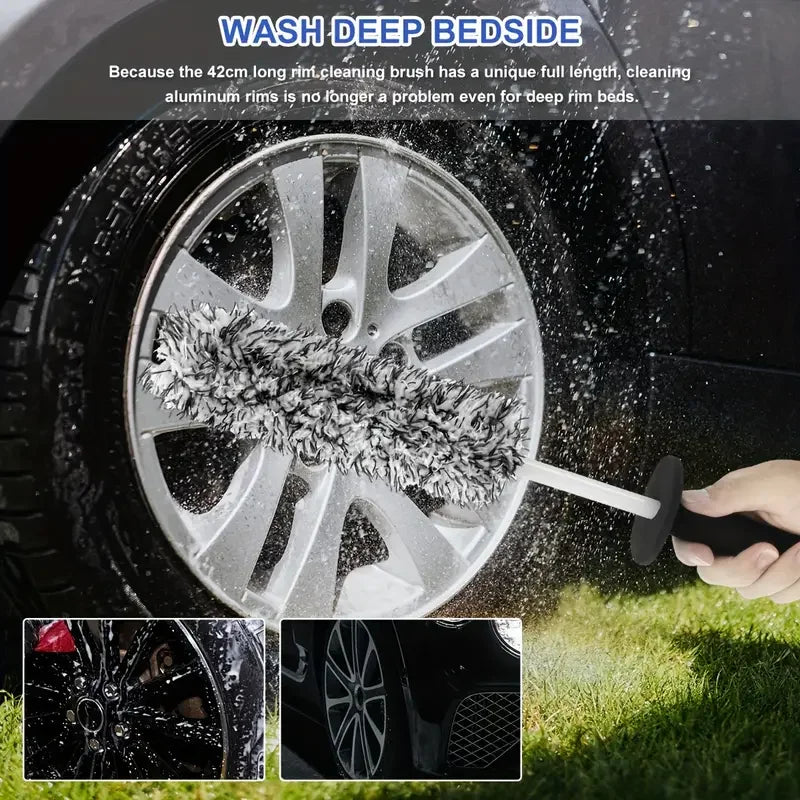 Eliteridegear Car Wash Super Brush with plush wheels and non-slip handle, ideal for cleaning car rims, spokes, and wheel barrels.