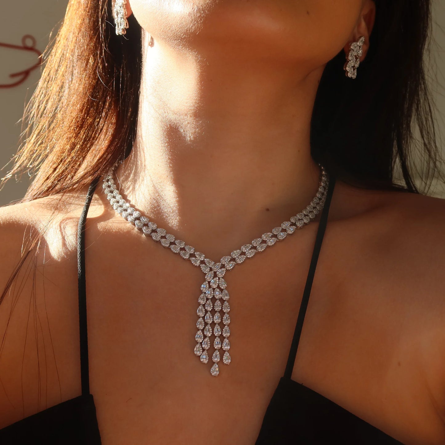 Luxury Water Drop Long Necklace Bracelet Earring Set for Women's Cubic Zirconia Bridal Jewelry S543