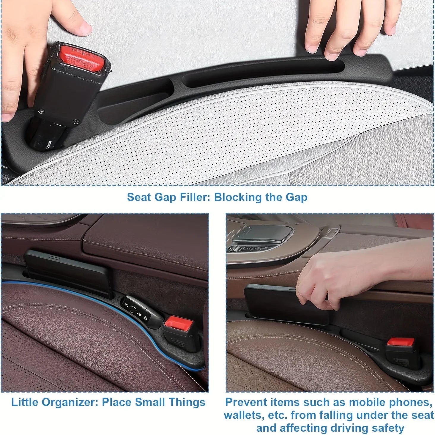Eliteridegear 2-piece waterproof car seat gap filler organizer with grooves, designed to prevent items from falling between seats.