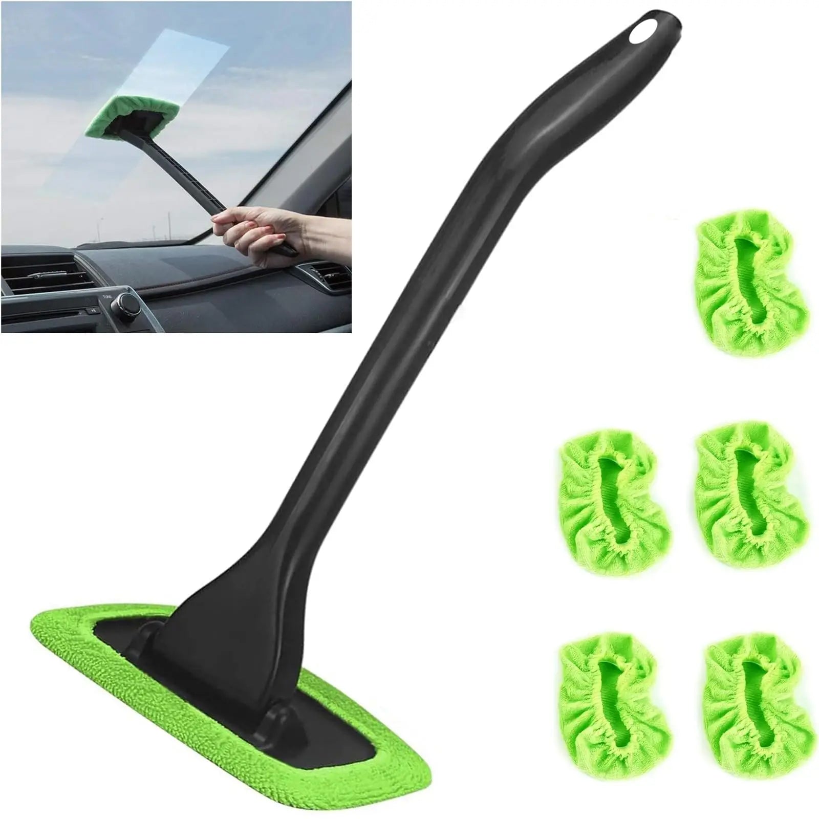 Eliteridegear windshield cleaning tool with automatic window cleaner rod and five reusable cloth pads for automotive interior cleaning