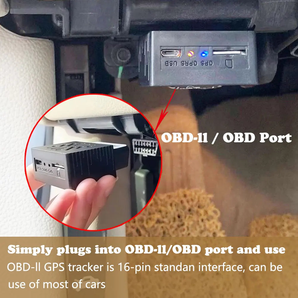 Eliteridegear OBD II GPS tracker with 16-pin OBD plug, compact device for car tracking, compatible with iOS and Android apps.