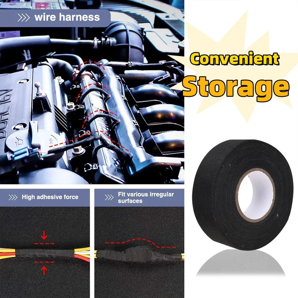 Eliteridegear heat-resistant wiring harness tape with adhesive cloth fabric for automotive cable protection and loom insulation.