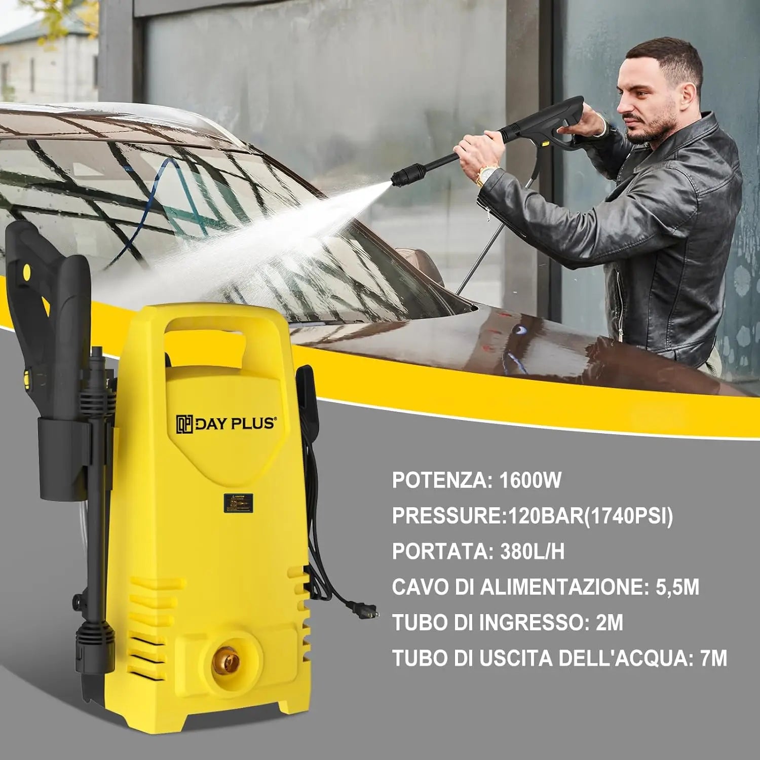 Eliteridegear electric high pressure washer with adjustable lance, 120bar, 1600W, 7m hose, suitable for cleaning terraces, gardens, and cars.