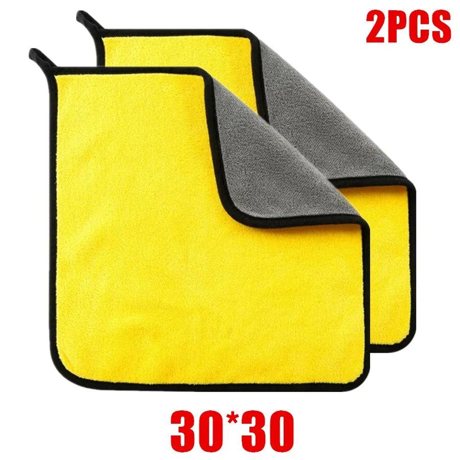 Eliteridegear microfiber cleaning towels set with thick, soft, high-absorption plush fabric for car washing and drying.