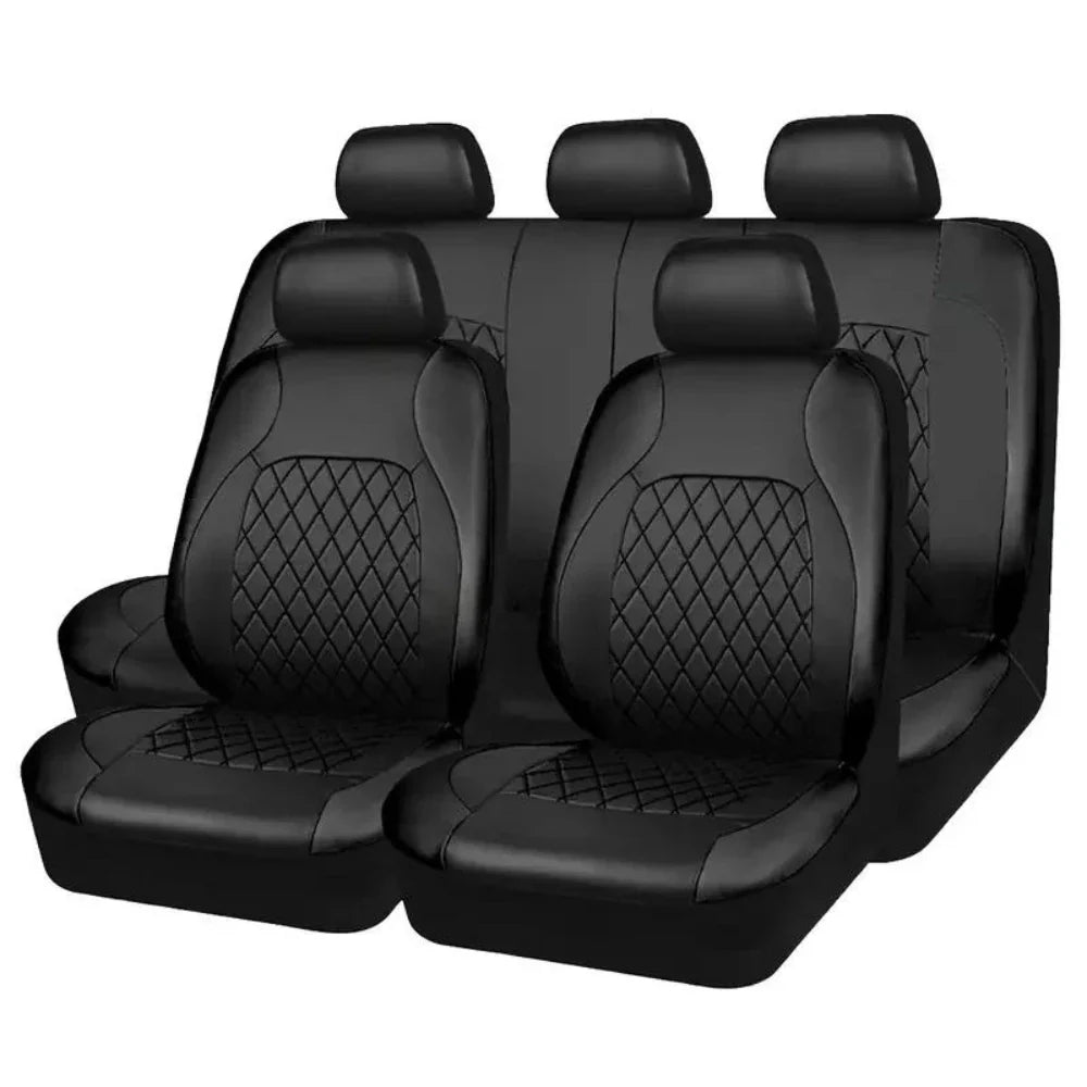 Black universal car seat covers by Eliteridegear, featuring sporty design and durable PVC material for automotive interior protection.