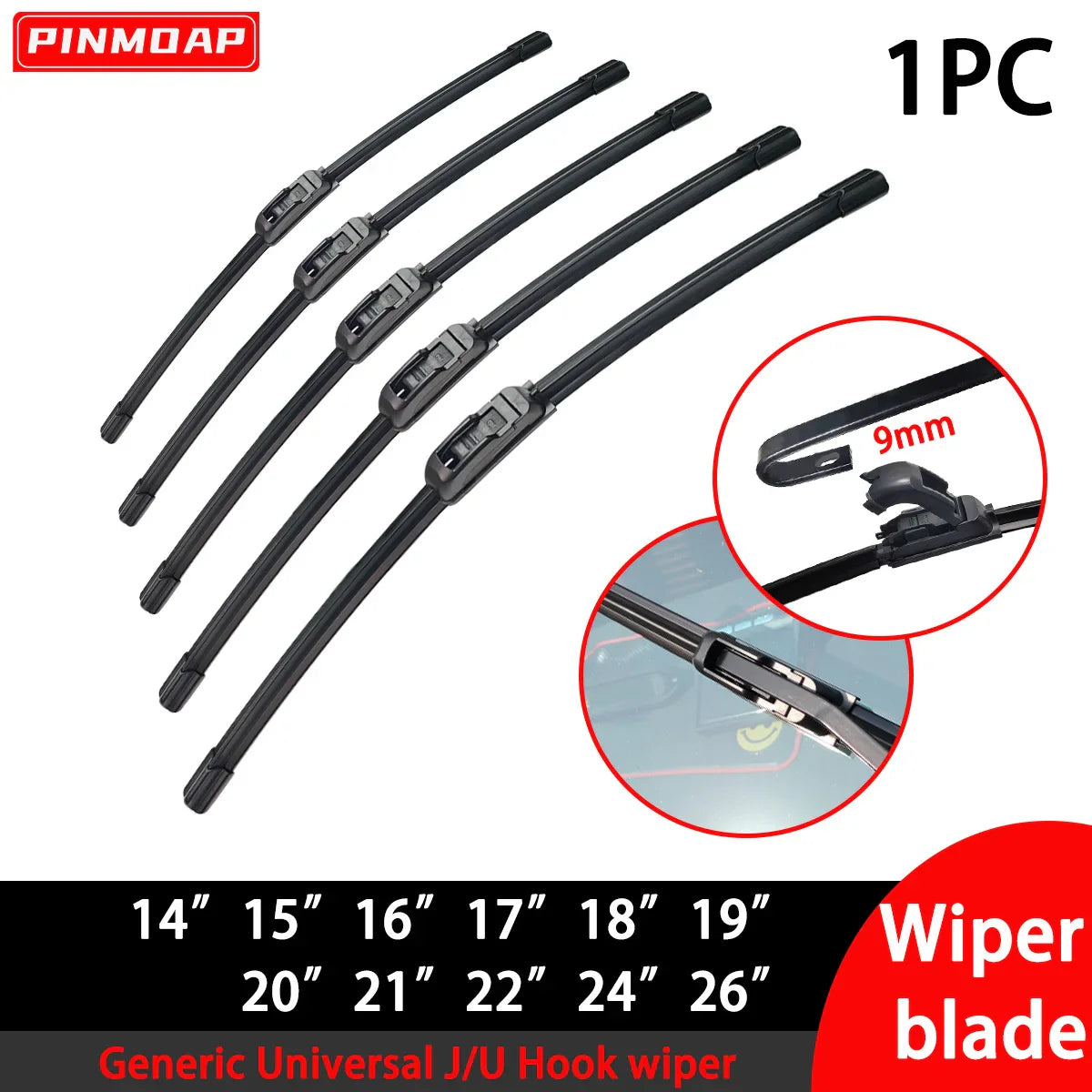 Eliteridegear universal J/U-shaped windshield wiper blade in natural rubber, available in multiple sizes from 14 to 26 inches.
