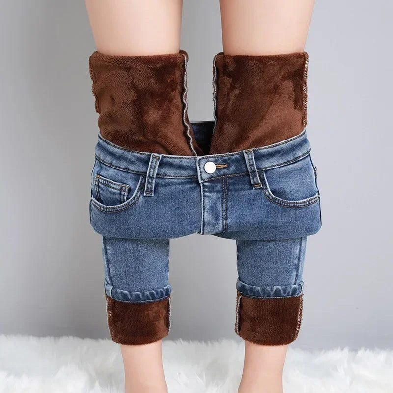 Women’s thermal skinny fleece jeans by Adistore, winter warm stretch denim ladies jeans shown in the image.