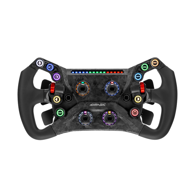Simagic GT NEO Formula racing steering wheel with carbon finish, LCD display, and 12 buttons for high-performance sim racing.