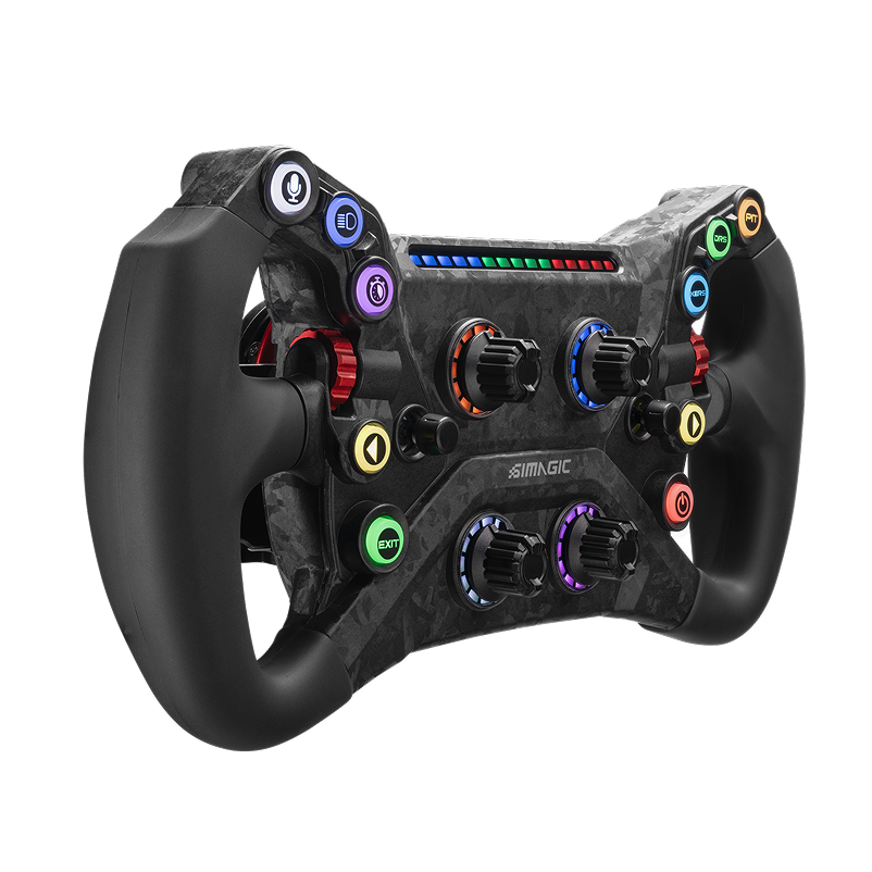 Simagic GT NEO Formula racing wheel with carbon finish, LCD display, and 12 buttons for Sim racing setups.