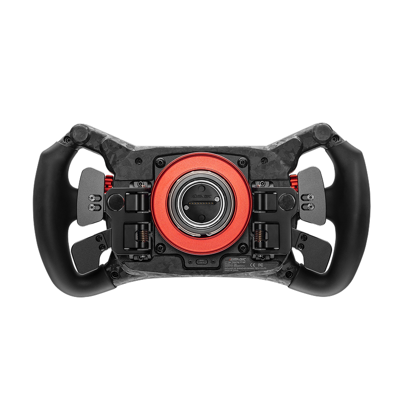 Simagic GT NEO Formula racing steering wheel with carbon finish, LCD display, and 12 buttons, designed for sim racing setups.