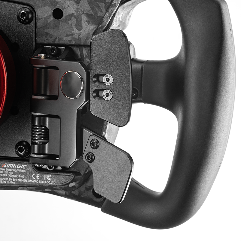 Simagic GT NEO Formula steering wheel with carbon finish, LCD display, and 12 buttons for racing simulation setups.