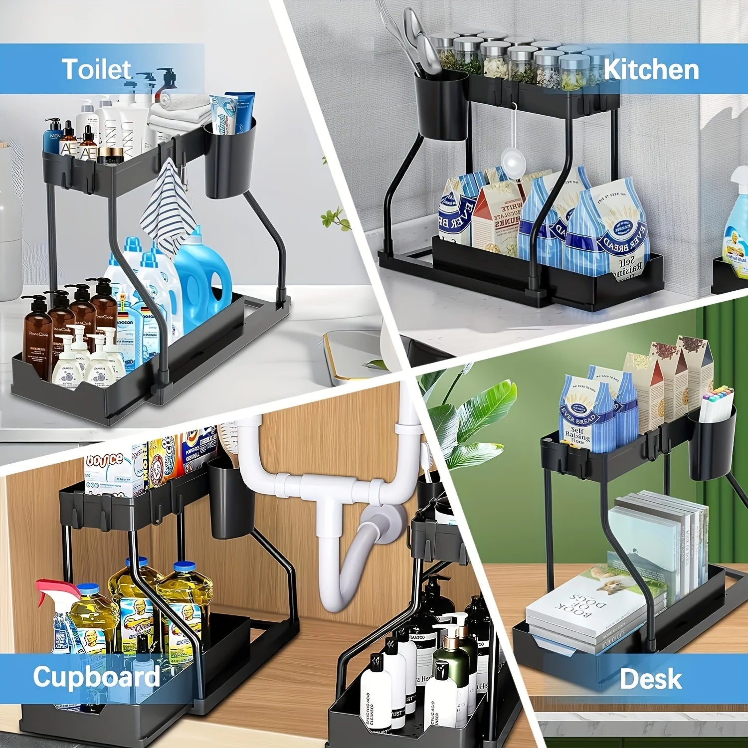 Space Saving 2 Tier Pull Out Storage Box Durable Large Capacity Kitchen Bathroom Essential Drawer Organizer