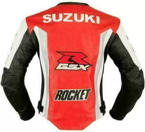 Suzuki GSXR orange and white motorcycle racing jacket by DAMOTOGEAR with protective padding and sleek design.