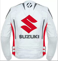 Suzuki Motorcycle Racing White And Red Leather Jacket