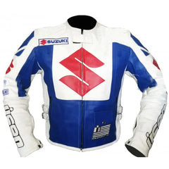 Suzuki Motorcycle blue and white Leather Jacket