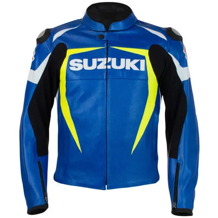 Suzuki motorcycle leather jacket by DAMOTOGEAR with protective padding, black design, and adjustable collar for motorcycle riding.