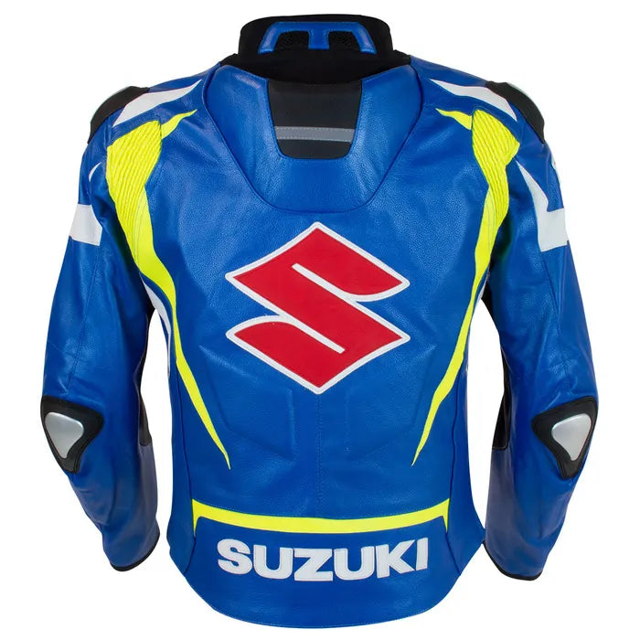 Suzuki motorcycle leather jacket by DAMOTOGEAR with rugged design, featuring black leather with protective padding and zipper details.