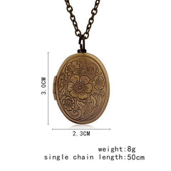 Vintage Antique Bronze Floral Patterns Carved Oval Locket Picture Memento Photos Box Necklace