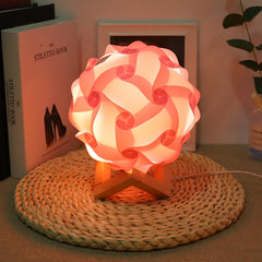 Creative Bedroom Bedside Night Light USB Round Romantic Room Decoration Lamp with Wood Base, DIY Material Kit, Finished Product
