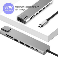WC7367 8 in 1 87W Type-C to PD+USB3.0/USB2.0+SD+TF+HDMI+RJ45+Type-c Docking Station HUB, WC7367