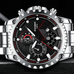 FNGEEN 5055 Men Waterproof Sports Fashion Stainless Steel Watch, Black Steel Black Surface, White Steel Black Surface, White Steel White Surface, Black Leather Black Steel Black Surface, Black Leather White Steel Black Surface                          ...