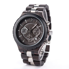 D21 Men Wooden Strap Stainless Steel Luminous Waterproof Watch, White, Black