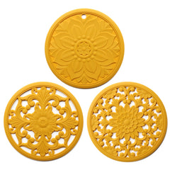 3 in 1 Hollow Flower Silicone Heat Insulation Pad Anti-Scalding Pot Bowl Pad Set, Black, Yellow, Blue, Green, Purple, Gray