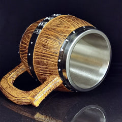 Stainless Steel Wooden Barrel Beer Mug Large Capacity Wine Barrel Cup Personalized Bar Supplies, 550ml