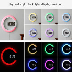 LED Mirror Hollow Wall Clock 7-color Switch Electronic Digital Display Wall Clock, Hollow Wall Clock