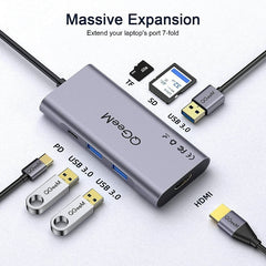 QGeeM 7 In 1 Multifunctional USB3.0 TYPE-C Extension HUB Adapter, QG-UH07-3(7 In 1)