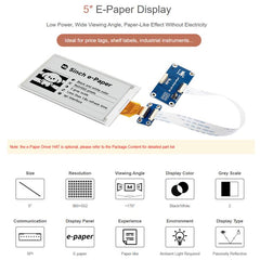 Waveshare 5inch E-Paper Display 960×552 Resolution, SPI Interface Compatible With Raspberry Pi GPIO, Display Only, With Driver HAT