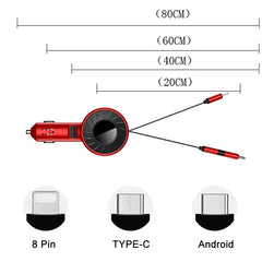 3 In 1 USB Dual Cable Single Pull Retractable Car Charger, Red, Black